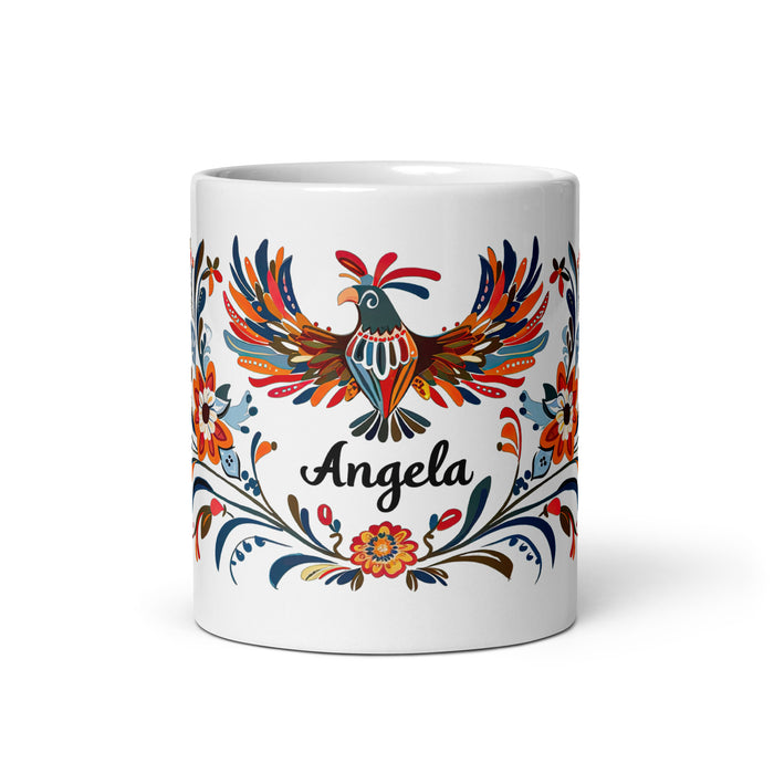 Taza de café exclusiva con nombre de Ángela, obra de arte para el hogar, la oficina, el trabajo, regalo de orgullo mexicano español, taza blanca brillante con caligrafía única en su tipo | Á1