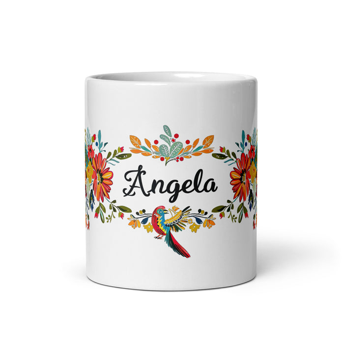 Ángela Exklusives Namenskunstwerk, Kaffeetasse für Zuhause, Büro, Arbeit, mexikanischer und spanischer Stolz, Geschenktasse, einzigartige Kalligraphie, weiß glänzende Tasse | Á3