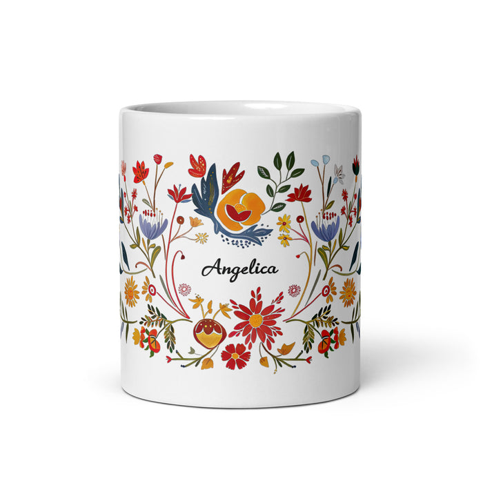 Taza de café exclusiva con nombre de Angélica, para el hogar, la oficina, el trabajo, regalo de orgullo mexicano y español, taza blanca brillante con caligrafía única en su tipo | A2