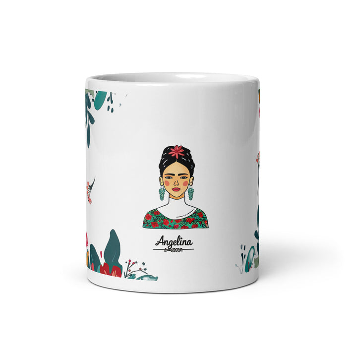 Tasse à café avec nom exclusif Angelina, tasse à café pour le travail à domicile, le bureau, la fierté mexicaine et espagnole, tasse cadeau, calligraphie unique, tasse blanche brillante | A2