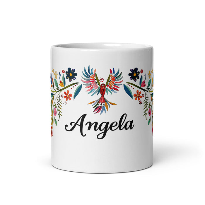 Ángela Exklusives Namenskunstwerk, Kaffeetasse für Zuhause, Büro, Arbeit, mexikanischer und spanischer Stolz, Geschenktasse, einzigartige Kalligraphie, weiß glänzende Tasse | Á35