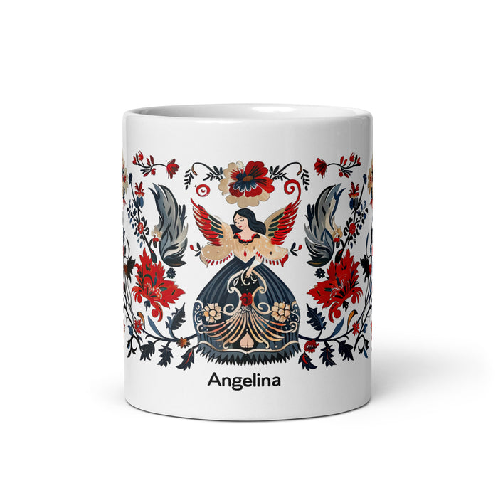 Taza de café exclusiva con nombre de Angelina, obra de arte para el hogar, la oficina, el trabajo, regalo de orgullo mexicano y español, taza blanca brillante con caligrafía única en su tipo | A11