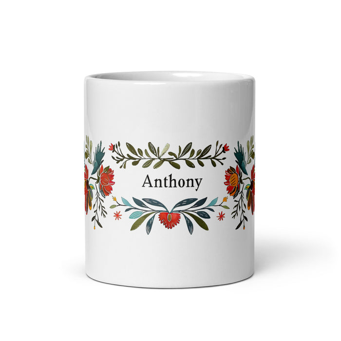 Taza de café exclusiva con nombre de Anthony, obra de arte para el hogar, la oficina, el trabajo, regalo de orgullo mexicano y español, taza blanca brillante con caligrafía única en su tipo | A7