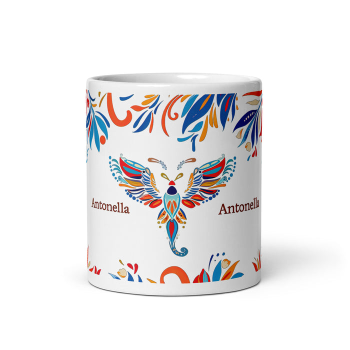 Taza de café exclusiva con nombre de Antonella, obra de arte para el hogar, la oficina, el trabajo, regalo de orgullo mexicano y español, taza blanca brillante con caligrafía única en su tipo | A1