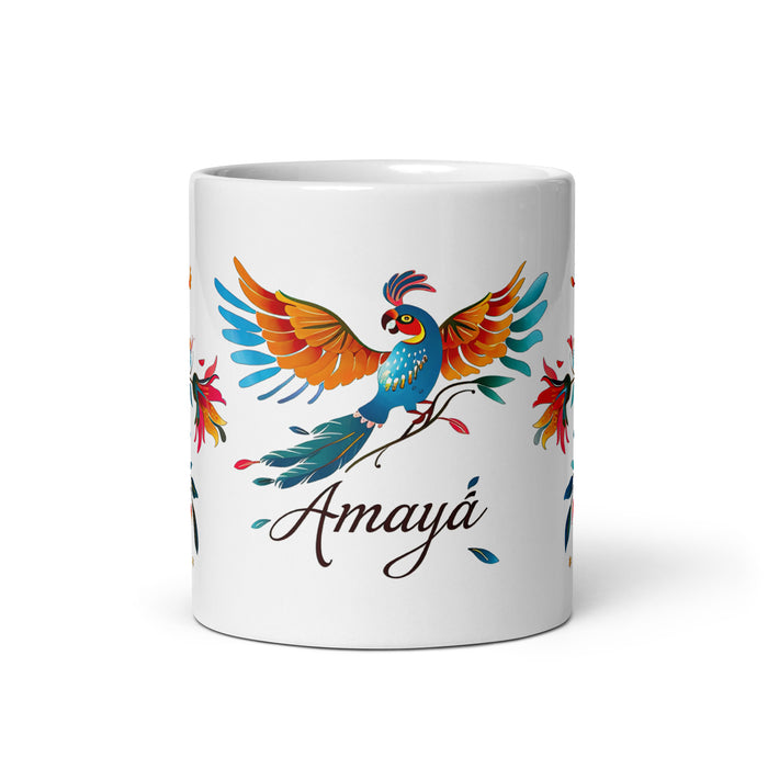 Tasse à café Amaya exclusive avec nom, tasse à café pour le travail à domicile, tasse cadeau de fierté espagnole mexicaine, tasse blanche brillante avec calligraphie unique en son genre | A24