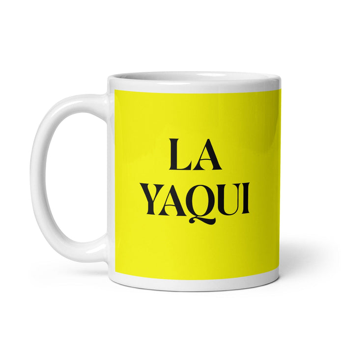 La Yaqui The Yaqui Tasse à café amusante pour la maison, le bureau, le travail, la fierté mexicaine et espagnole, cadeau blanc brillant, tasse en carte jaune