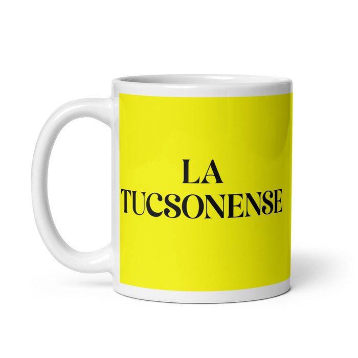 La Tucsonense Le résident de Tucson Drôle Bureau à domicile Travail Tasse à café Cadeau de fierté espagnole mexicaine Tasse blanche brillante Tasse à carte jaune