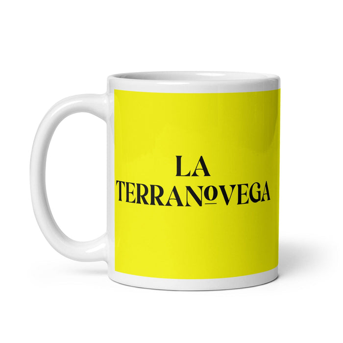 La Terranovega, der Neufundländer, lustige Kaffeetasse für Zuhause, Büro, Arbeit, mexikanisches spanisches Pride-Geschenk, weiße glänzende Tasse, gelbe Karte