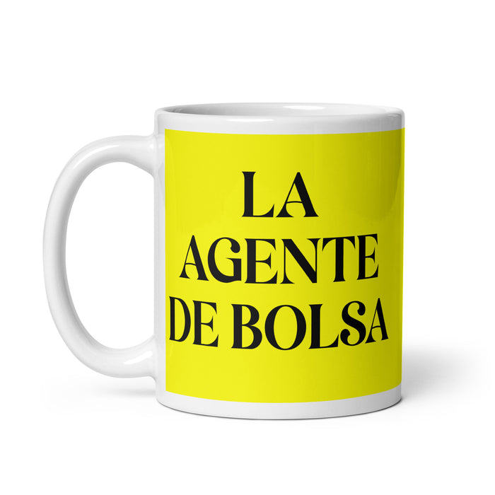 La Agente De Bolsa The Stockbroker Funny Home Office Work Coffee Mug Mexican Spanish Pride Gift White Glossy Cup Yellow Card Mug