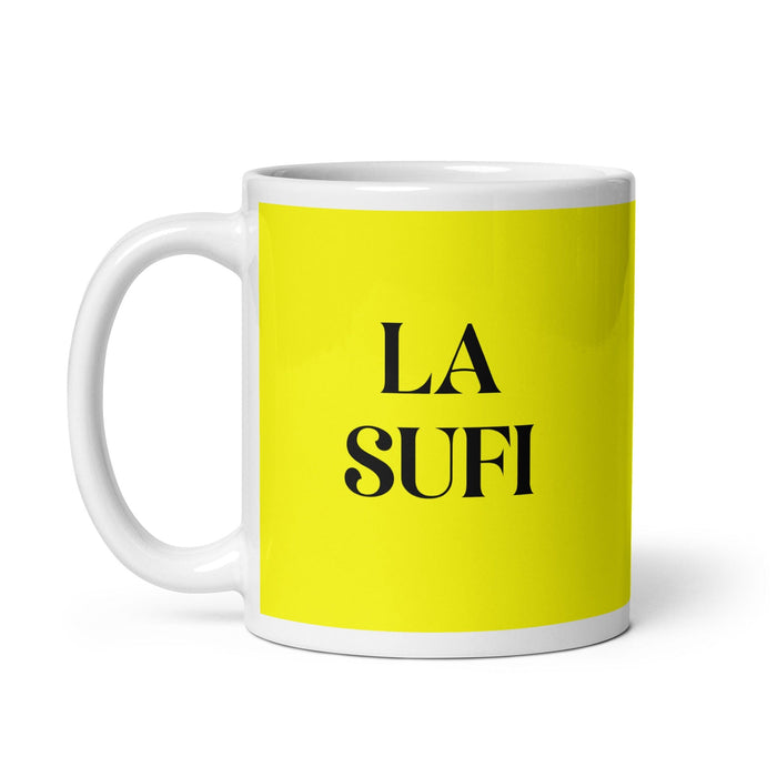 La Sufi, der Sufi, lustige Kaffeetasse für Zuhause, Büro, Arbeit, mexikanisches spanisches Pride-Geschenk, weiße glänzende Tasse, gelbe Karte