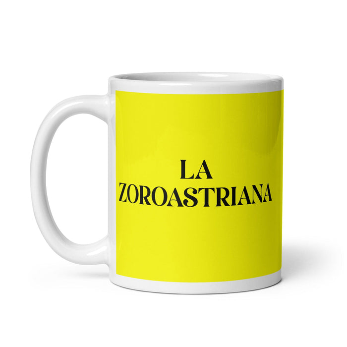 La Zoroastriana La Zoroastriana Divertida Taza de Café para el Hogar, Oficina, Trabajo, Orgullo Español Mexicano Regalo Taza Blanca Brillante Taza de Tarjeta Amarilla