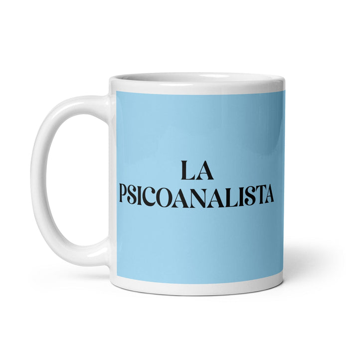 La Psicoanalista, die Psychoanalytikerin, lustige Kaffeetasse für Zuhause, Büro, Arbeit, mexikanisches spanisches Pride-Geschenk, weiße glänzende Tasse, himmelblaue Kartentasse