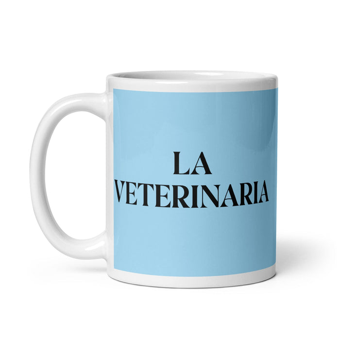 Lustige Kaffeetasse mit Aufschrift „La Veterinaria – Der Tierarzt“, für Zuhause, Büro, Arbeit, mexikanisches spanisches Pride-Geschenk, weiße glänzende Tasse, himmelblaue Kartentasse