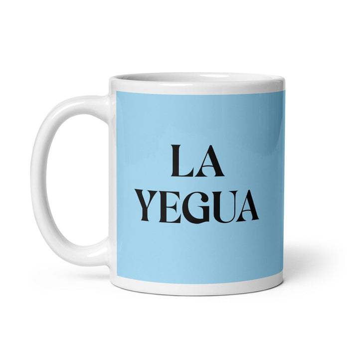 La Yegua The Horse Tasse à café amusante pour le travail à domicile ou au bureau Cadeau de fierté mexicaine espagnole Tasse blanche brillante Carte bleu ciel