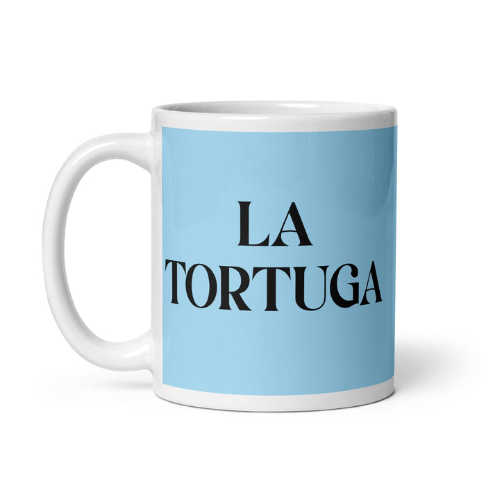 La Tortuga, die Schildkröte, lustige Kaffeetasse für Zuhause, Büro, Arbeit, mexikanisches spanisches Stolzgeschenk, weiße glänzende Tasse, himmelblaue Kartentasse