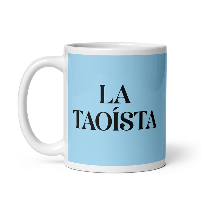 La Taoísta La taza de café divertida para el hogar, la oficina y el trabajo del taoísta, regalo de orgullo mexicano español, taza blanca brillante, taza con tarjeta azul cielo