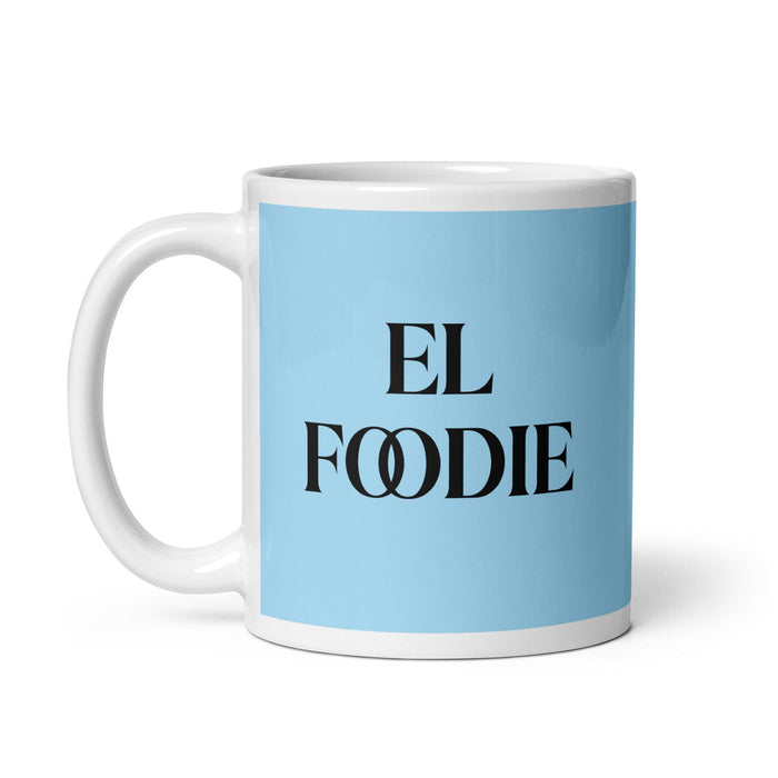 Lustige Kaffeetasse „El Foodie The Foodie“ für Zuhause, Büro, Arbeit, mexikanisches spanisches Pride-Geschenk, weiße glänzende Tasse, himmelblaue Kartentasse