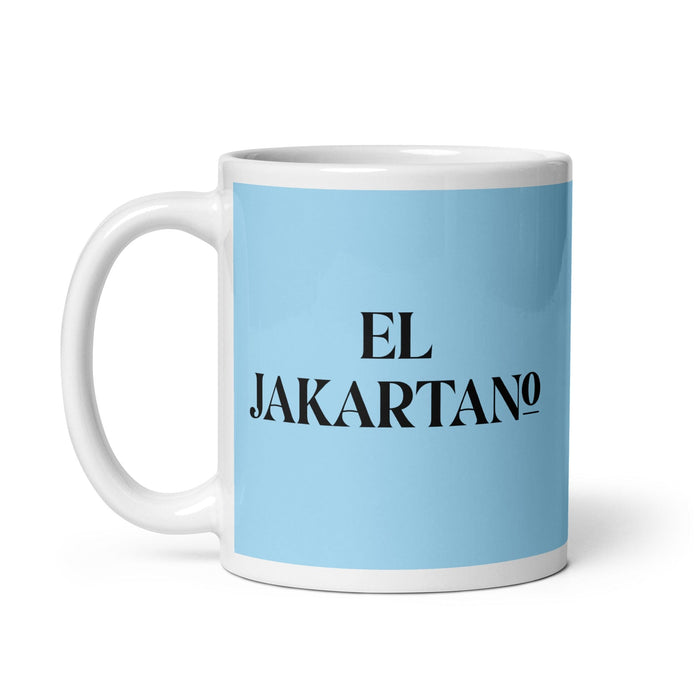 El Jakartano Le résident de Jakarta Drôle Bureau à domicile Travail Tasse à café Cadeau de fierté espagnole mexicaine Tasse blanche brillante Carte bleu ciel Tasse