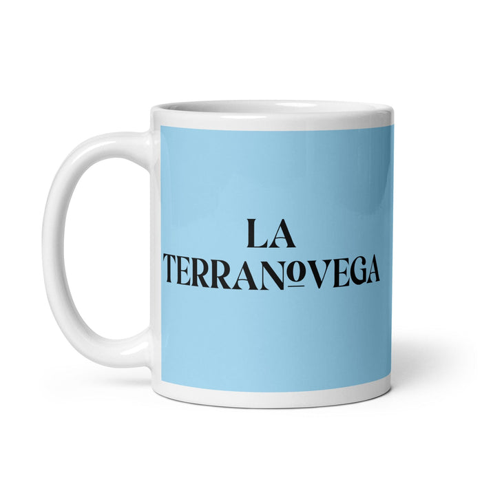 Lustige Kaffeetasse mit Aufschrift „La Terranovega, der Neufundländer“, für Zuhause, Büro, Arbeit, mexikanisches spanisches Pride-Geschenk, weiße glänzende Tasse, himmelblaue Kartentasse