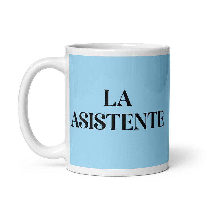 Lustige Kaffeetasse mit Aufschrift „La Asistente, The Assistant“, für Zuhause, Büro, Arbeit, mexikanisches spanisches Pride-Geschenk, weiße, glänzende Tasse, himmelblaue Kartentasse