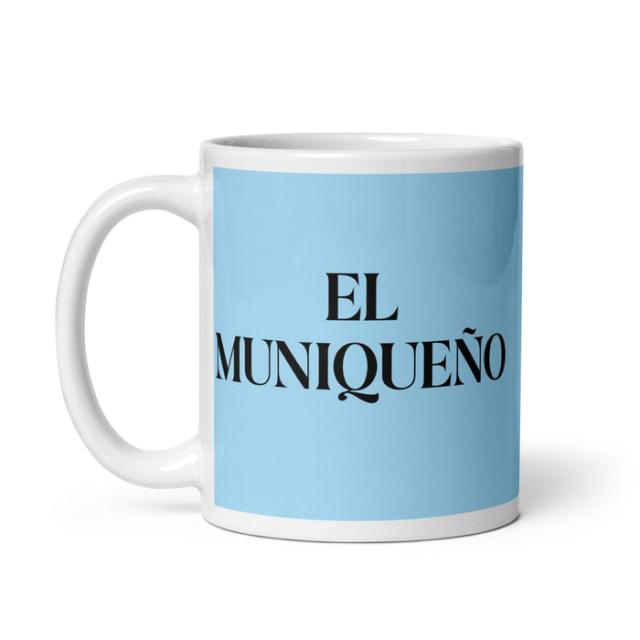 El Muniqueño Le résident de Munich Drôle Bureau à domicile Travail Tasse à café Cadeau de fierté espagnole mexicaine Tasse blanche brillante Carte bleu ciel Tasse