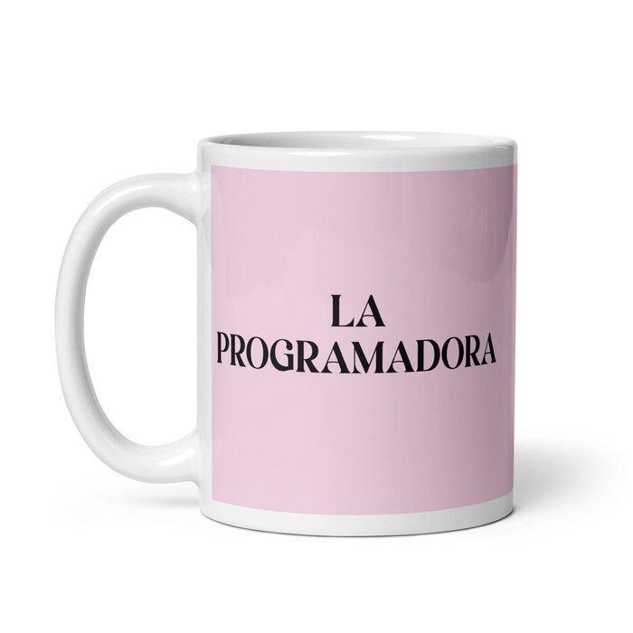 La Programadora, die Programmiererin, lustige Kaffeetasse für Zuhause, Büro, Arbeit, mexikanisches spanisches Pride-Geschenk, weiße glänzende Tasse, hellrosa Kartentasse