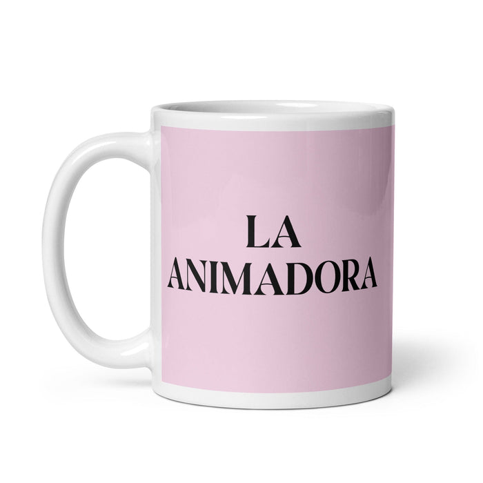 La Animadora, der Animator, lustige Kaffeetasse für Zuhause, Büro, Arbeit, mexikanisches spanisches Pride-Geschenk, weiße glänzende Tasse, hellrosa Kartentasse