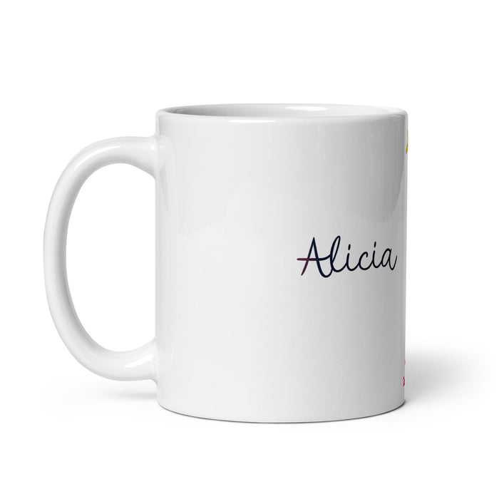 Taza de café exclusiva con nombre de Alicia, para el hogar, la oficina, el trabajo, regalo de orgullo mexicano y español, taza blanca brillante con caligrafía única en su tipo | A8