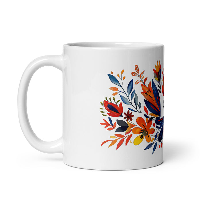 Tasse à café exclusive Amaia avec nom, pour la maison, le bureau, le travail, la fierté mexicaine et espagnole, cadeau unique en son genre, calligraphie, blanc brillant | A11