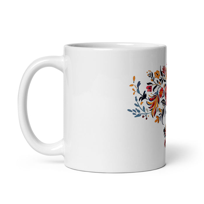 Amaia Exklusives Namenskunstwerk, Kaffeetasse für Zuhause, Büro, Arbeit, mexikanischer und spanischer Stolz, Geschenktasse, einzigartige Kalligraphie, weiß glänzende Tasse | A25