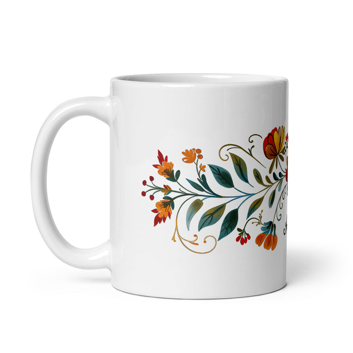 Tasse à café exclusive Amalia avec nom, pour la maison, le bureau, le travail, la fierté mexicaine et espagnole, cadeau unique en son genre, calligraphie, blanc brillant | A14