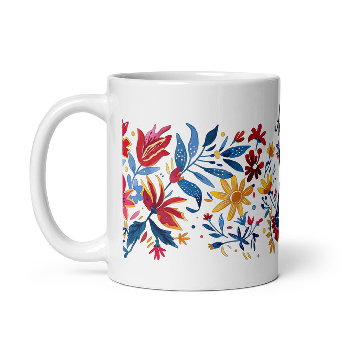 Tasse à café exclusive Amalia avec nom, pour la maison, le bureau, le travail, la fierté mexicaine et espagnole, cadeau unique en son genre, calligraphie, blanc brillant | A18