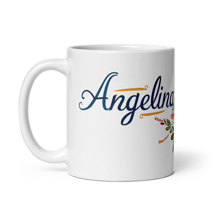 Angelina – Exklusives Namenskunstwerk, Kaffeetasse für Zuhause, Büro, Arbeit, mexikanischer und spanischer Stolz, Geschenktasse, einzigartige Kalligraphie, weiß glänzend, A4