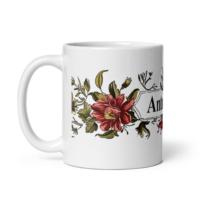 Taza de café exclusiva con nombre de Antonella, para el hogar, la oficina, el trabajo, regalo de orgullo mexicano y español, taza blanca brillante con caligrafía única en su tipo | A7