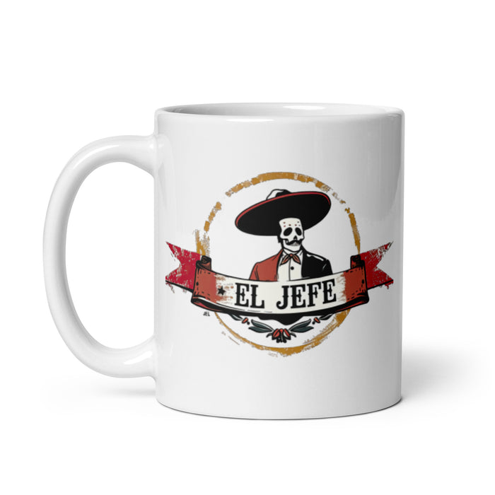 El Jefe Exclusive Art Piece Home Office Work Coffee Mug Mexican Spanish Pride Gift Cup One-Of-A-Kind Calligraphy White Glossy Mug | E12