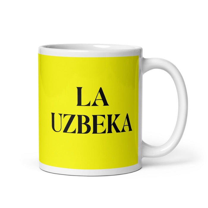 La Uzbeka, die usbekische lustige Kaffeetasse für Zuhause, Büro, Arbeit, mexikanisches spanisches Stolzgeschenk, weiße glänzende Tasse, gelbe Karte