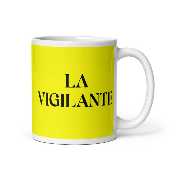 La Vigilante The Security Guard Tasse à café amusante pour le travail à domicile ou au bureau Cadeau de fierté mexicaine espagnole Tasse blanche brillante Tasse à carte jaune