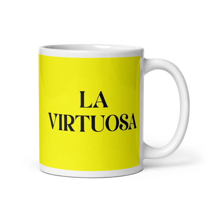 La Virtuosa The Virtuoso Tasse à café amusante pour le travail à domicile ou au bureau Cadeau de fierté mexicaine espagnole Tasse blanche brillante Tasse en carte jaune