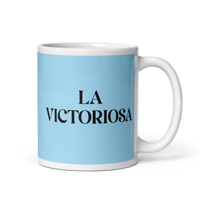 La Victoriosa The Victorious One Tasse à café amusante pour le travail à domicile ou au bureau Cadeau de fierté mexicaine espagnole Tasse blanche brillante Carte bleu ciel