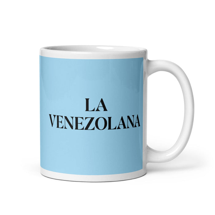 La Venezolana, die venezolanische lustige Kaffeetasse für Zuhause, Büro, Arbeit, mexikanisches spanisches Stolzgeschenk, weiße glänzende Tasse, himmelblaue Kartentasse