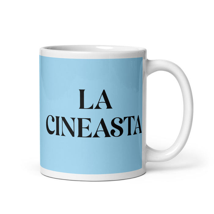 La Cineasta The Filmmaker Funny Home Office Work Coffee Mug Mexican Spanish Pride Gift White Glossy Cup Sky Blue Card Mug