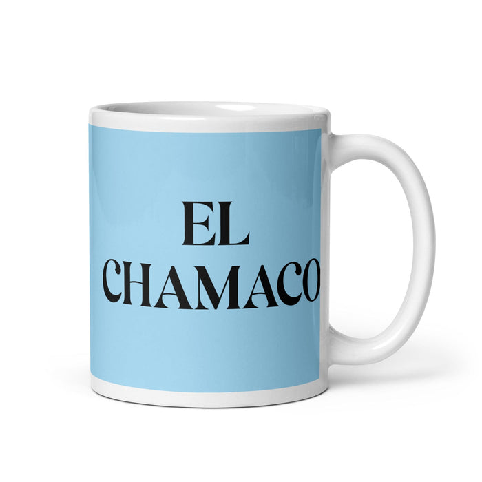 Tasse à café amusante El Chamaco The Kid pour le travail à domicile ou au bureau, cadeau de fierté mexicaine espagnole, tasse blanche brillante, tasse en carte bleu ciel