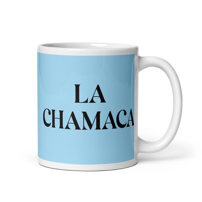 La Chamaca The Kid Funny Home Office Work Coffee Mug Mexican Spanish Pride Gift White Glossy Cup Sky Blue Card Mug