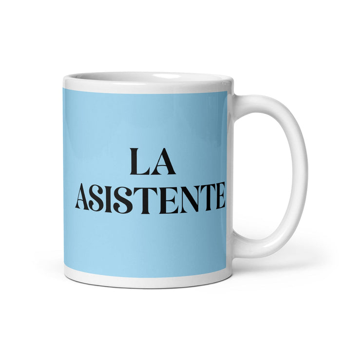 Lustige Kaffeetasse mit Aufschrift „La Asistente, The Assistant“, für Zuhause, Büro, Arbeit, mexikanisches spanisches Pride-Geschenk, weiße, glänzende Tasse, himmelblaue Kartentasse