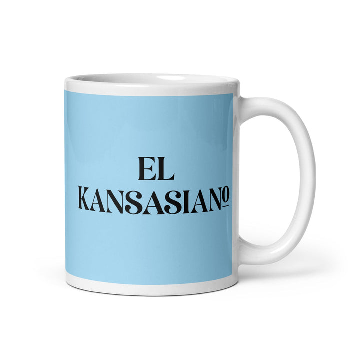 El Kansasiano Le résident de Kansas City Drôle Bureau à domicile Travail Tasse à café Cadeau de fierté espagnole mexicaine Tasse blanche brillante Carte bleu ciel Tasse