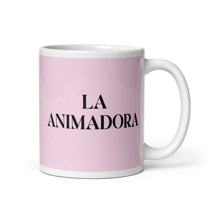 La Animadora, der Animator, lustige Kaffeetasse für Zuhause, Büro, Arbeit, mexikanisches spanisches Pride-Geschenk, weiße glänzende Tasse, hellrosa Kartentasse