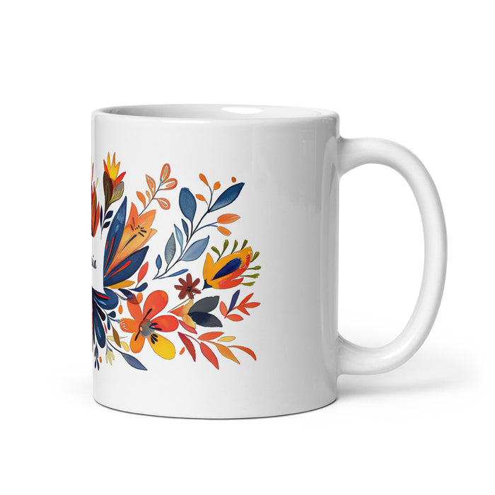 Amaia Exklusives Namenskunstwerk, Kaffeetasse für Zuhause, Büro, Arbeit, mexikanischer und spanischer Stolz, Geschenktasse, einzigartige Kalligraphie, weiß glänzende Tasse | A11