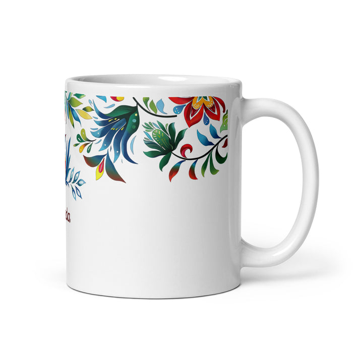 Tasse à café exclusive Amanda avec nom, pour la maison, le bureau, le travail, la fierté mexicaine et espagnole, cadeau unique en son genre, calligraphie, blanc brillant | A4