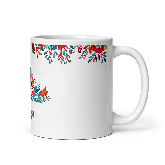 Tasse à café exclusive Amaya avec nom, pour la maison, le bureau, le travail, la fierté mexicaine et espagnole, cadeau unique en son genre, calligraphie, blanc brillant | A9