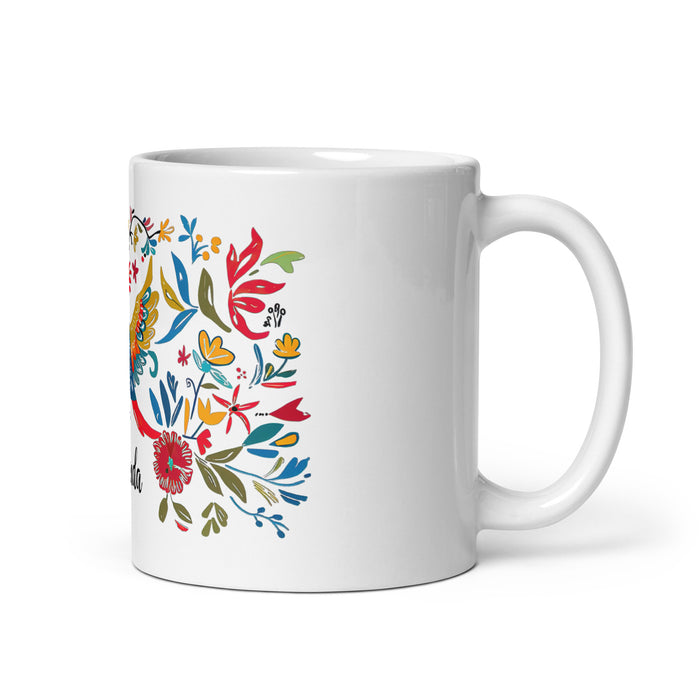 Tasse à café exclusive Amanda avec nom, pour la maison, le bureau, le travail, la fierté mexicaine et espagnole, cadeau unique en son genre, calligraphie, blanc brillant | A14